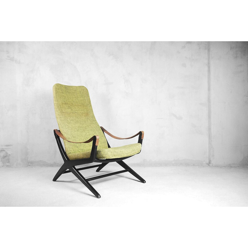 Cadeira de braços Vintage Joker para IKEA em madeira e tecido verde 1950