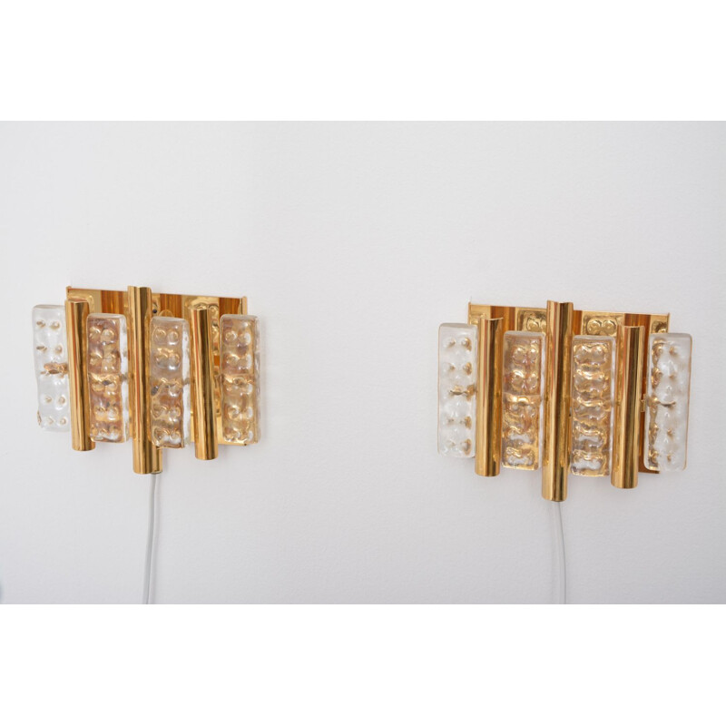 Pair of vintage brass and glass wall lamps for Lyfa 1960