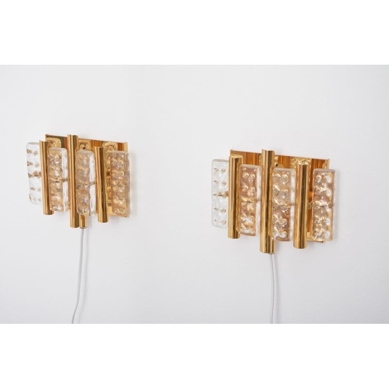 Pair of vintage brass and glass wall lamps for Lyfa 1960