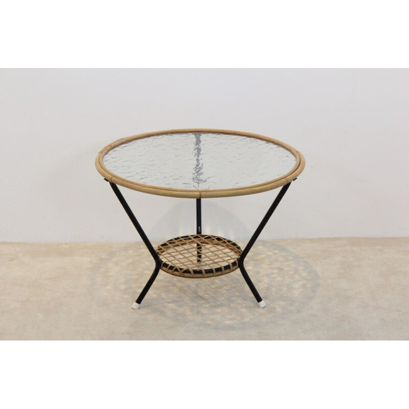 Vintage glass and wicker side table by Rohé Noordwolde, Netherlands