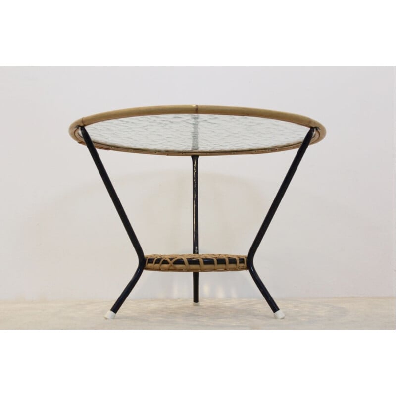 Vintage glass and wicker side table by Rohé Noordwolde, Netherlands