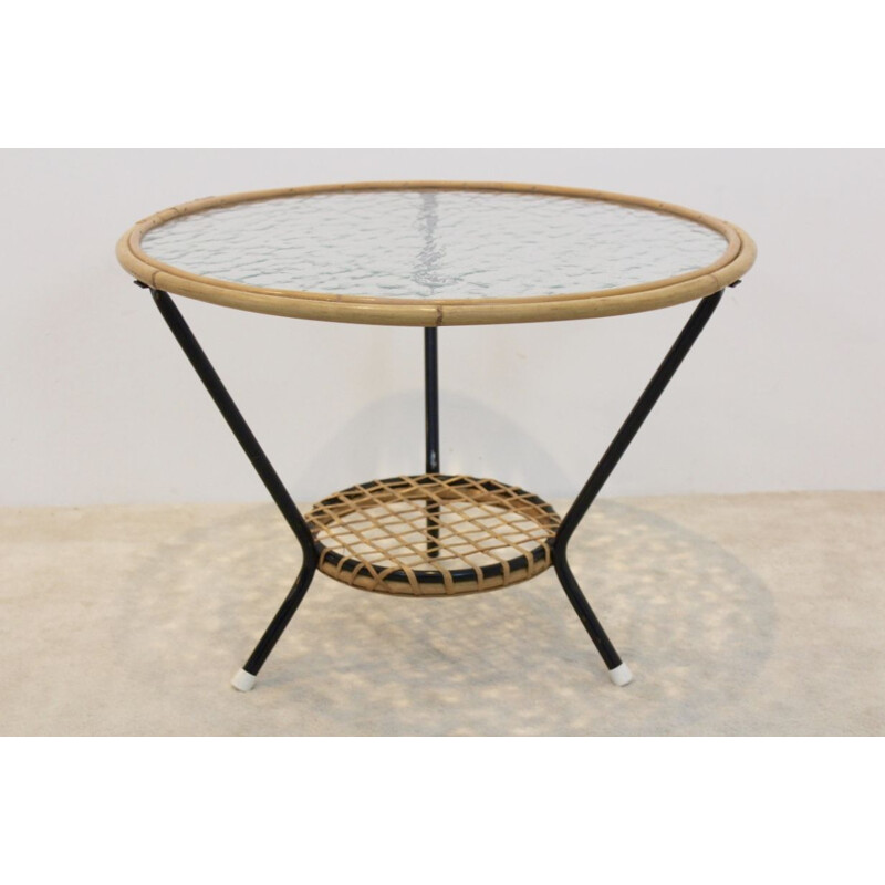 Vintage glass and wicker side table by Rohé Noordwolde, Netherlands