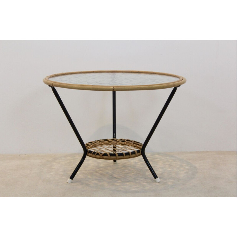 Vintage glass and wicker side table by Rohé Noordwolde, Netherlands