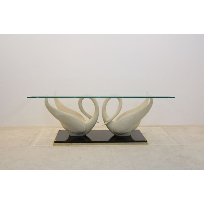 French vintage Swan table for Maison Jansen in brass and glass 1970