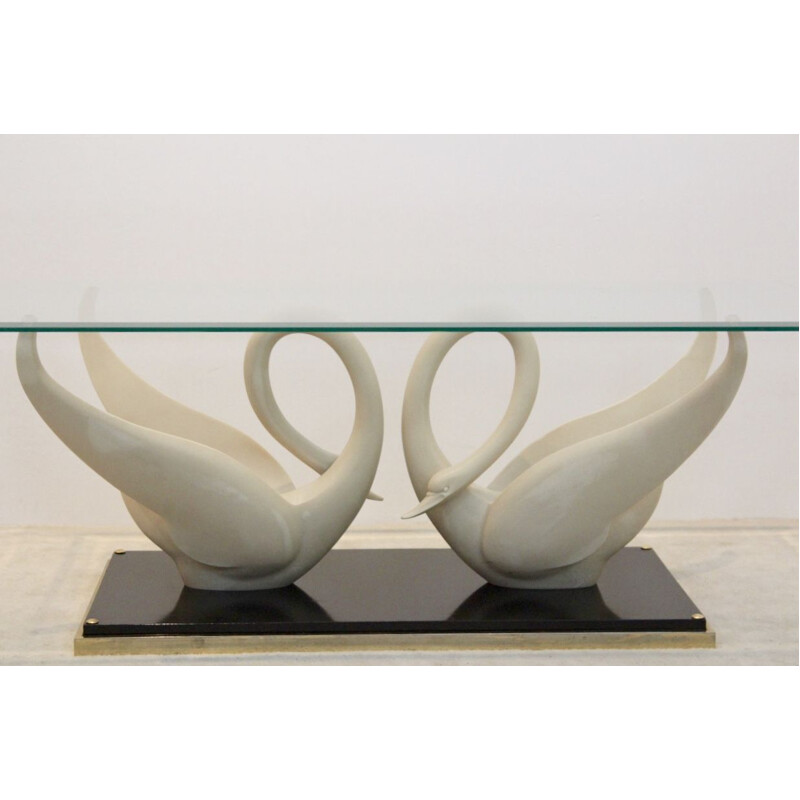 French vintage Swan table for Maison Jansen in brass and glass 1970