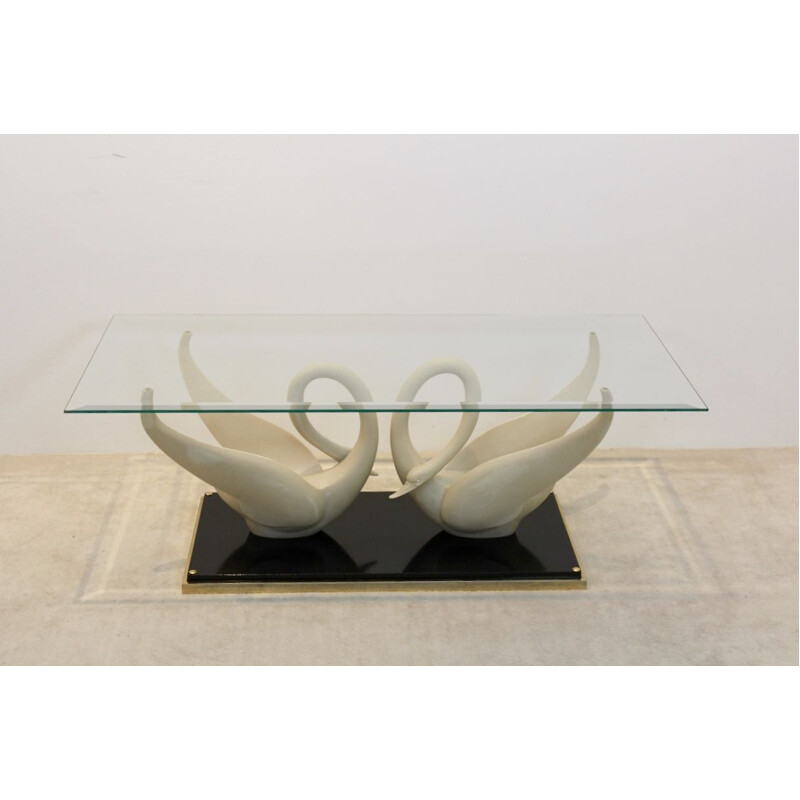 Table vintage française Swan pour Maison Jansen en laiton et verre 1970