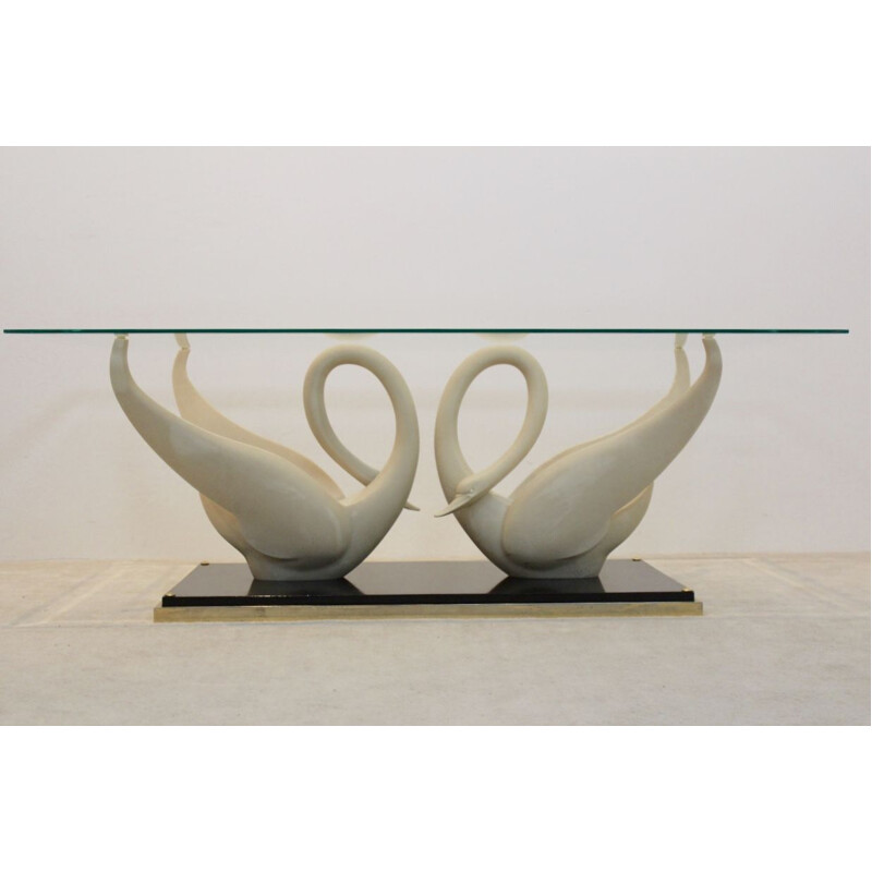 French vintage Swan table for Maison Jansen in brass and glass 1970