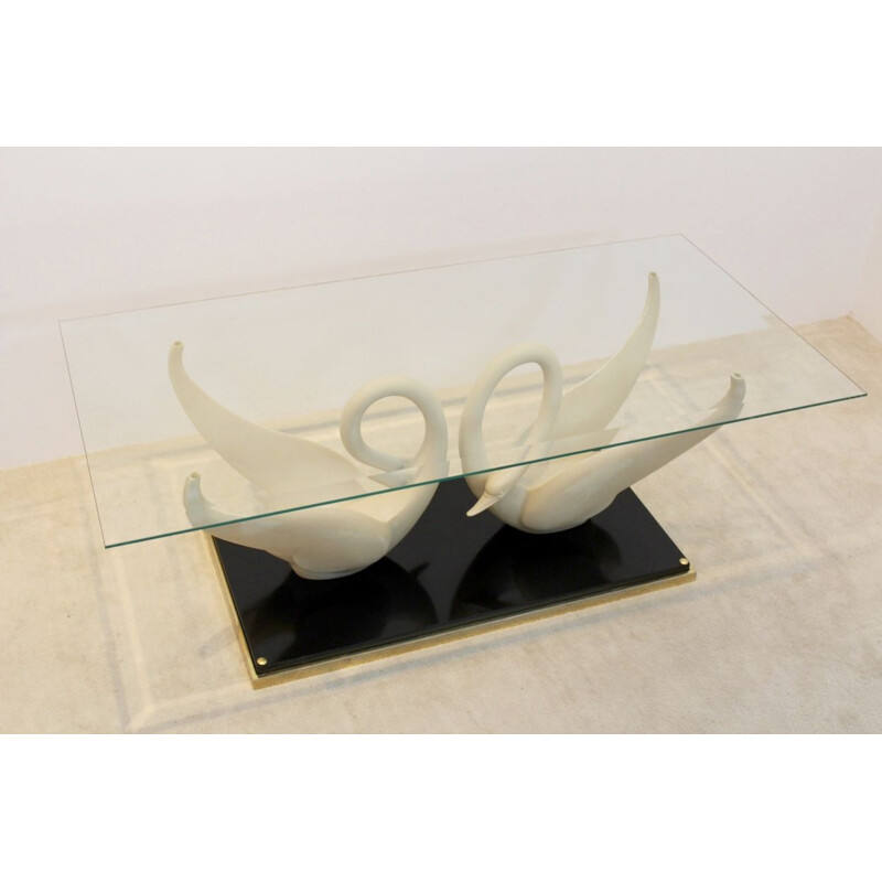 French vintage Swan table for Maison Jansen in brass and glass 1970