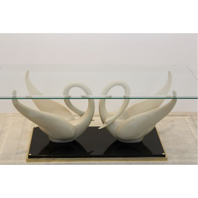 Table vintage française Swan pour Maison Jansen en laiton et verre 1970