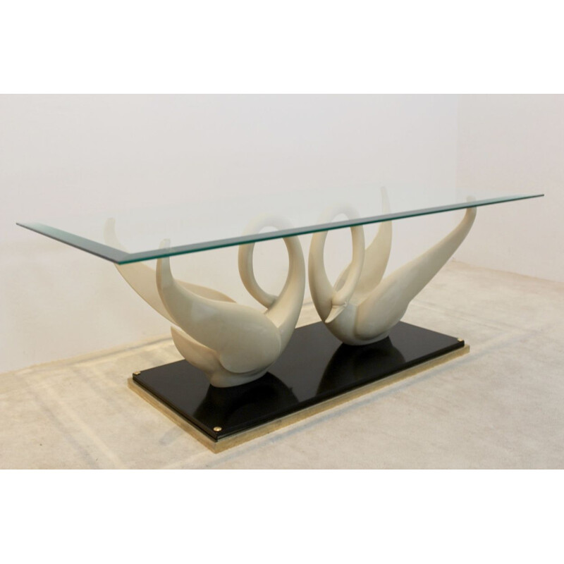 French vintage Swan table for Maison Jansen in brass and glass 1970