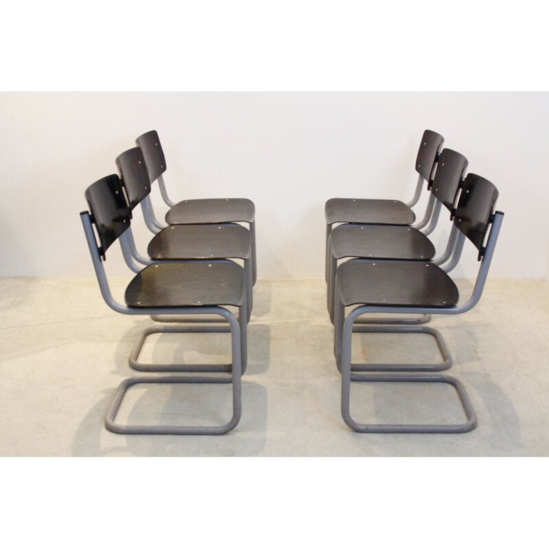 Set of 6 vintage tubular steel and wenge chairs by Gispen, 1960