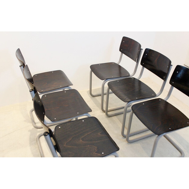 Set of 6 vintage tubular steel and wenge chairs by Gispen, 1960