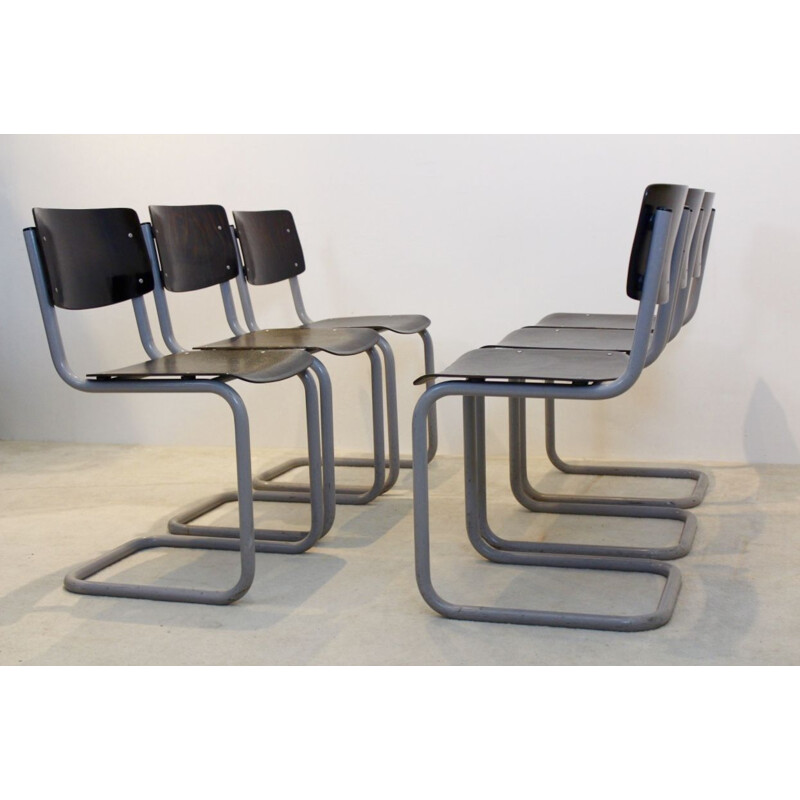 Set of 6 vintage tubular steel and wenge chairs by Gispen, 1960
