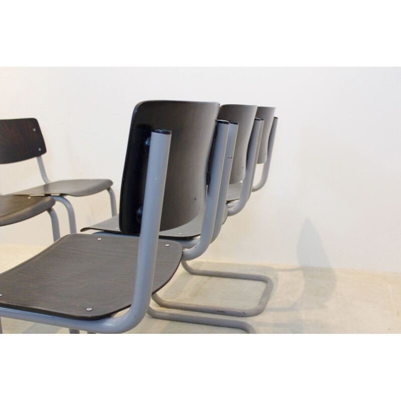 Conjunto de 6 cadeiras de aço tubular vintage e wenge da Gispen, 1960
