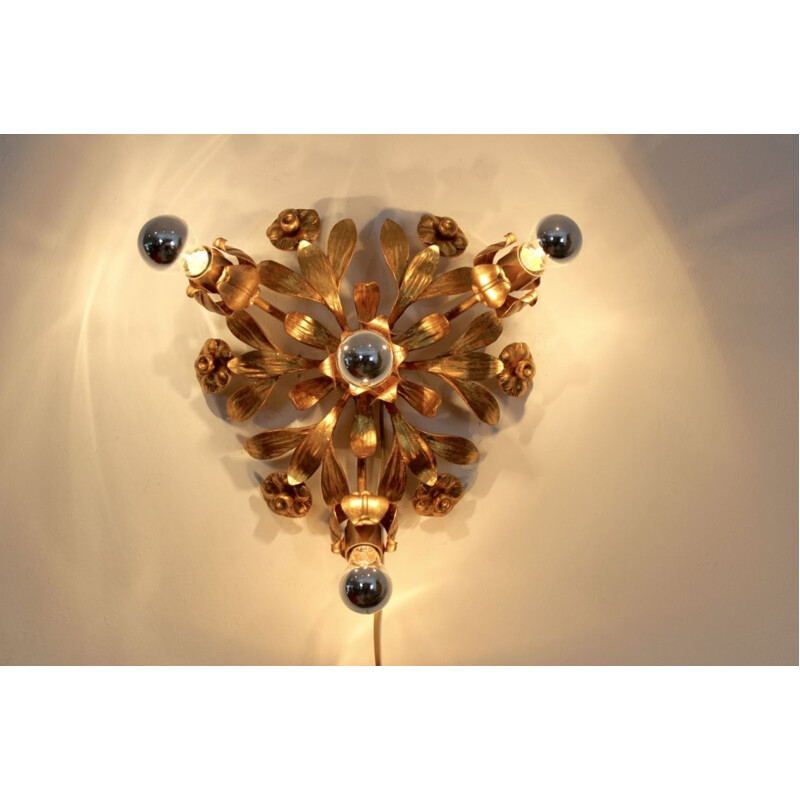 Vintage german floral wall lamp by Hans Kögl in steel and brass 1970