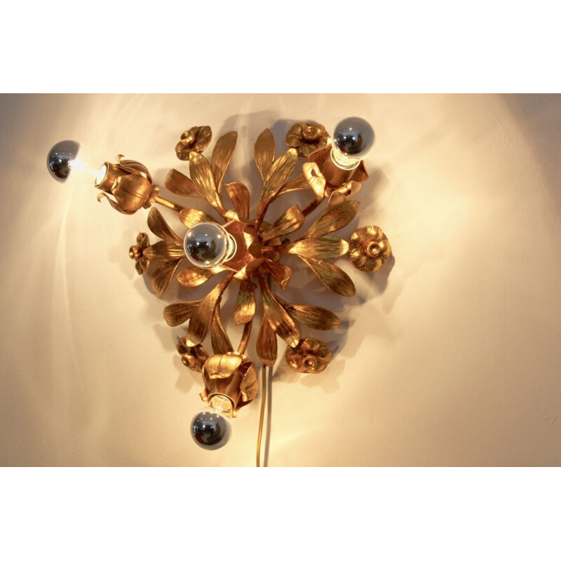 Vintage german floral wall lamp by Hans Kögl in steel and brass 1970