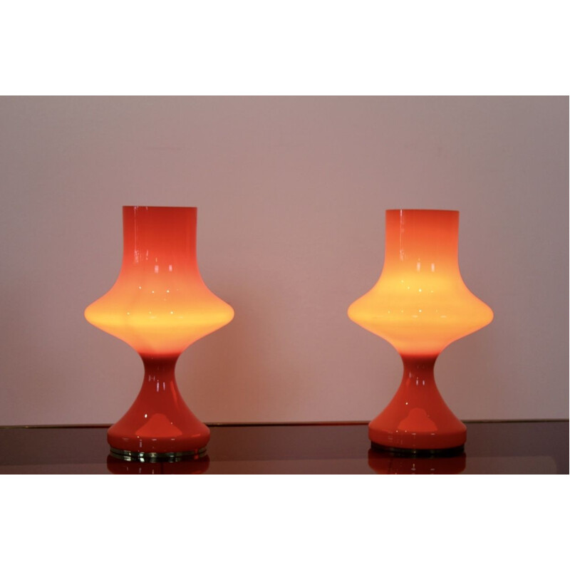Pair of vintage orange opaline glass table lamps for OPP Jihlava 1960
