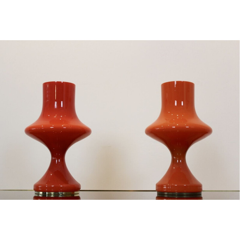 Pair of vintage orange opaline glass table lamps for OPP Jihlava 1960