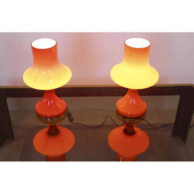 Pair of vintage orange opaline glass table lamps for OPP Jihlava 1960