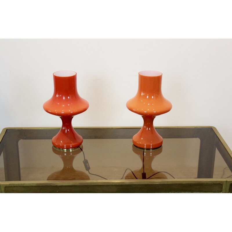 Pair of vintage orange opaline glass table lamps for OPP Jihlava 1960