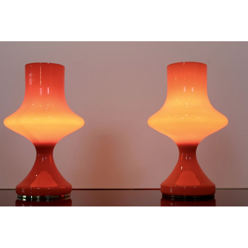 Pair of vintage orange opaline glass table lamps for OPP Jihlava 1960