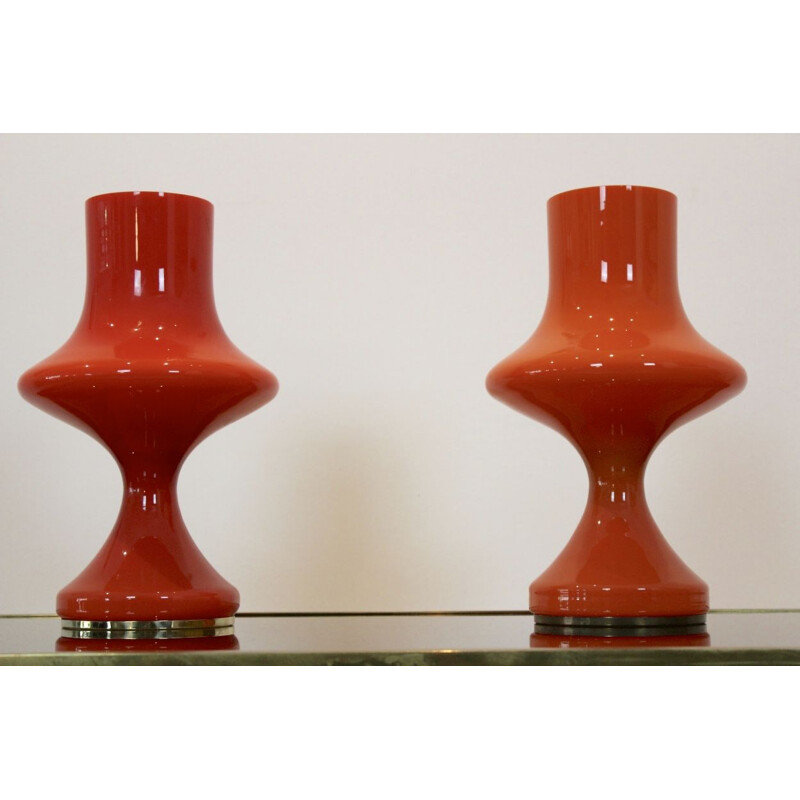 Pair of vintage orange opaline glass table lamps for OPP Jihlava 1960