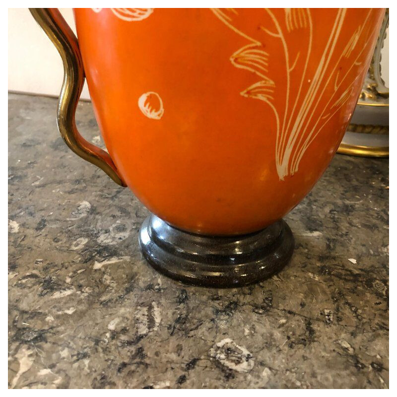 Vase vintage italien en céramique orange et dorée 1950