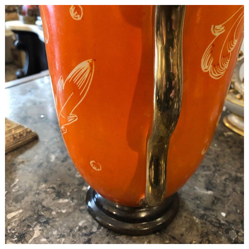 Vase vintage italien en céramique orange et dorée 1950
