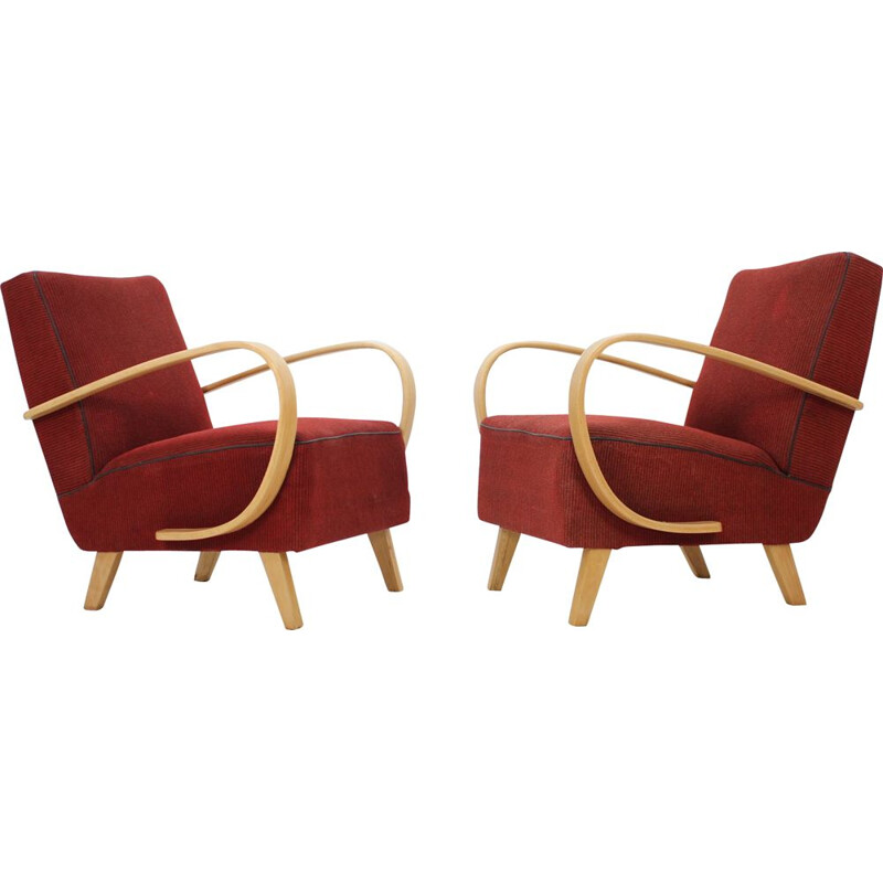 Set of 2 vintage armchairs by Jindřich Halabala in oak and red fabric 1950