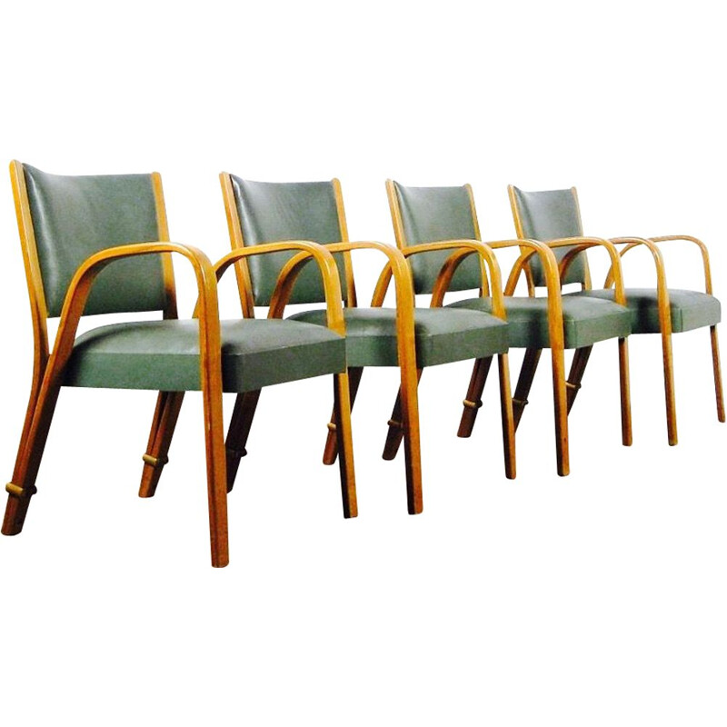 Set of 4 vintage chairs Bow Wood of Steiner in beechwood and green leatherette of 1950