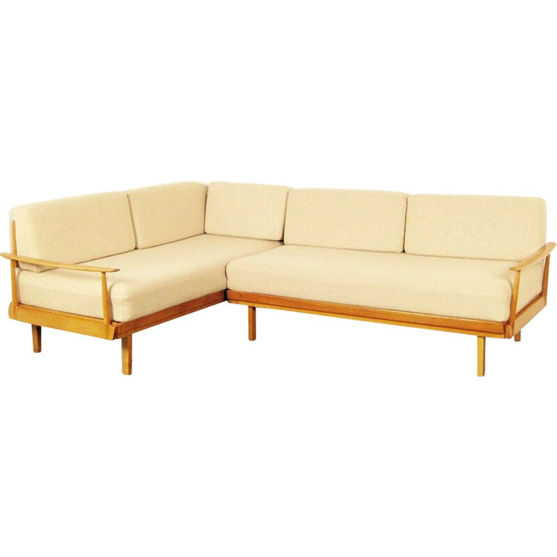 Vintage 5-seat scandinavian sofa in beige wool and beechwood 1950