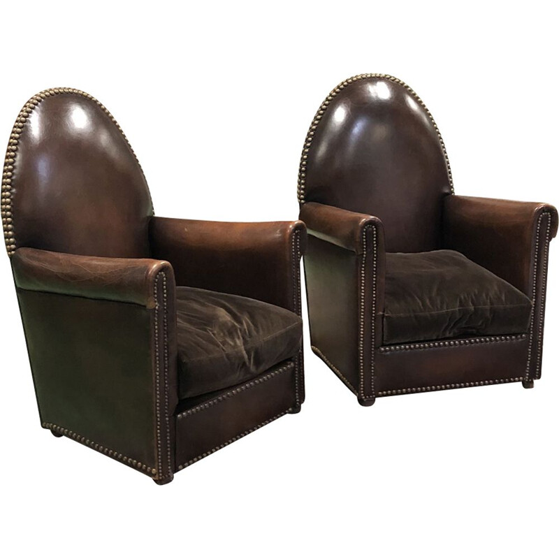 Pair of vintage french armchairs in brown leather 1950