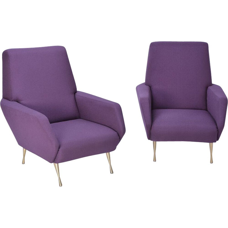 Pair of vintage italian armchairs in purple fabric and brass 1950