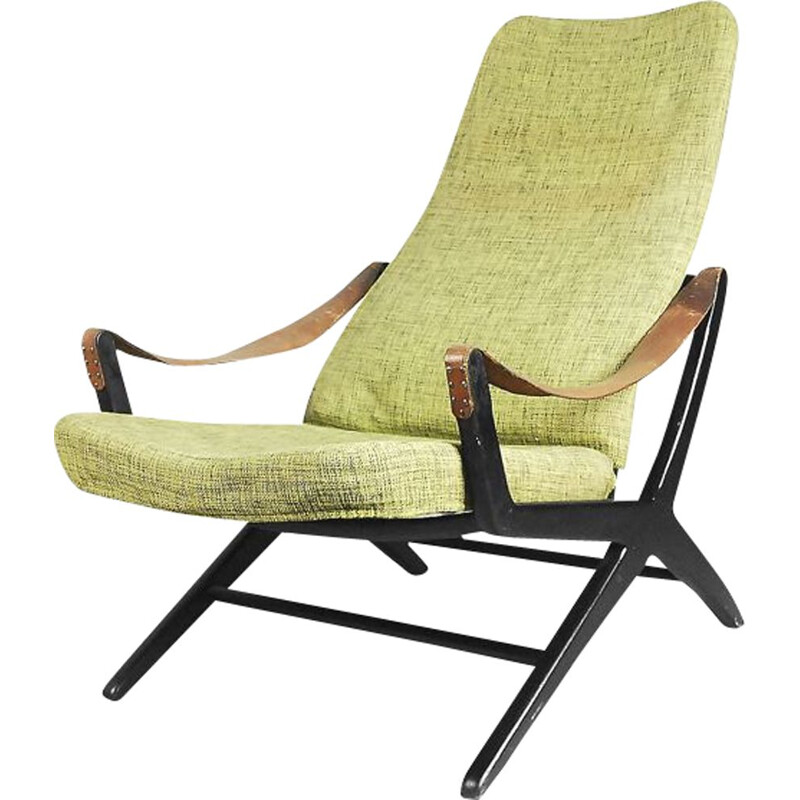 Cadeira de braços Vintage Joker para IKEA em madeira e tecido verde 1950