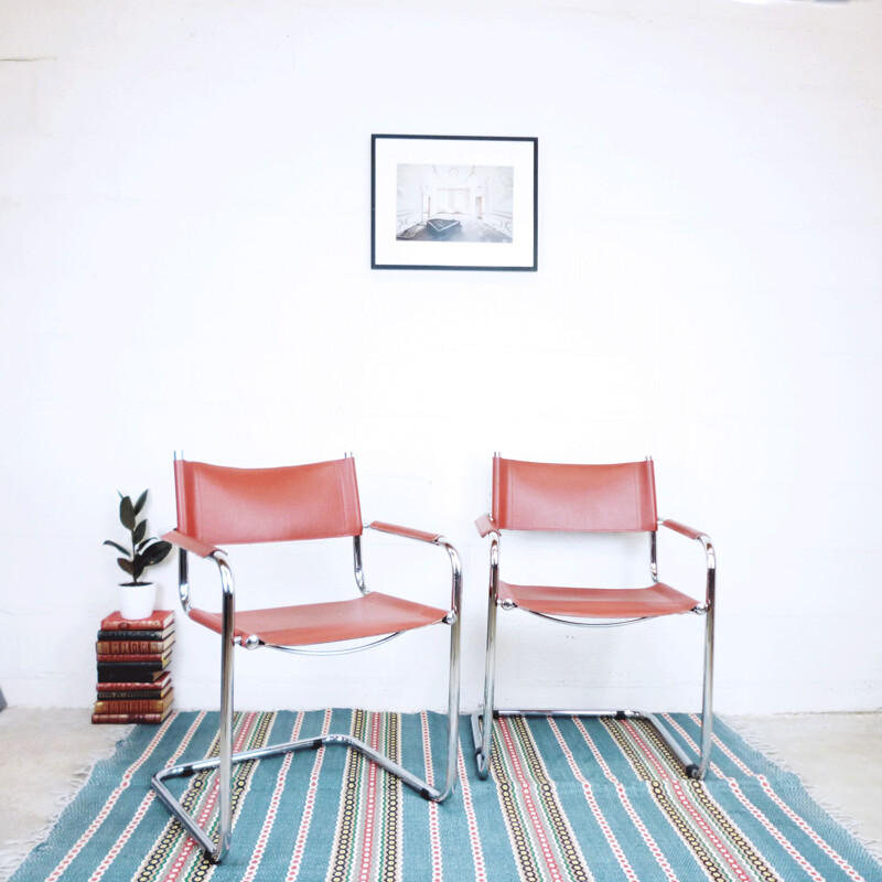 Suite of 2 vintage Italian S33 armchairs in red leather and steel 1980