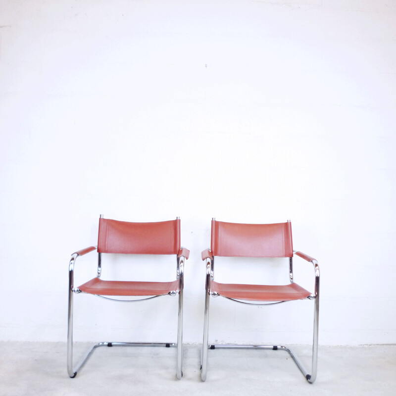 Suite of 2 vintage Italian S33 armchairs in red leather and steel 1980