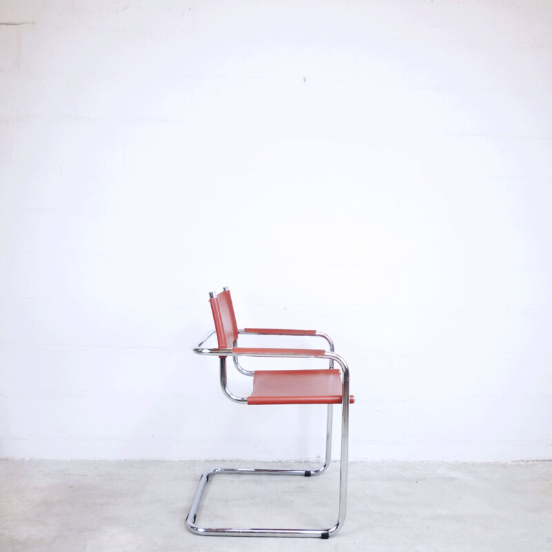 Suite of 2 vintage Italian S33 armchairs in red leather and steel 1980