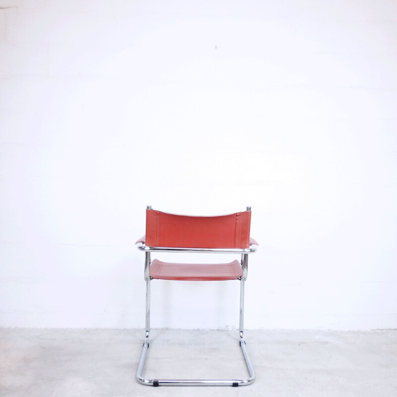 Suite of 2 vintage Italian S33 armchairs in red leather and steel 1980