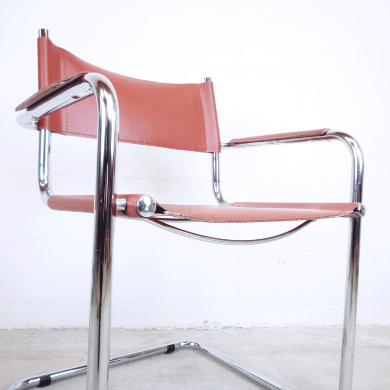 Suite of 2 vintage Italian S33 armchairs in red leather and steel 1980