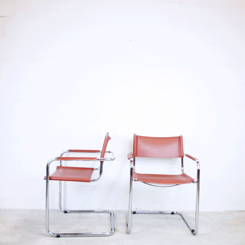 Suite of 2 vintage Italian S33 armchairs in red leather and steel 1980