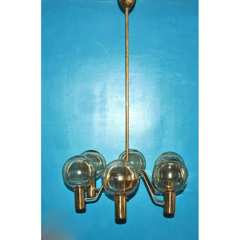 Vintage scandinavian hanging lamp for Markaryd in brass and glass 1960