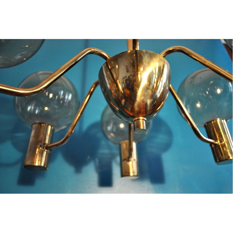 Vintage scandinavian hanging lamp for Markaryd in brass and glass 1960