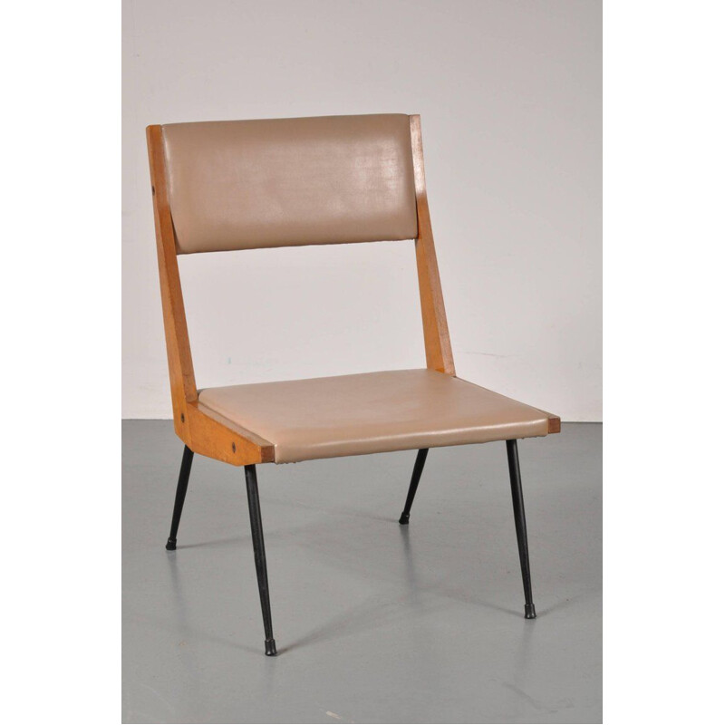 Italienischer Vintage-Stuhl aus beigem Kunstleder und Buche 1950