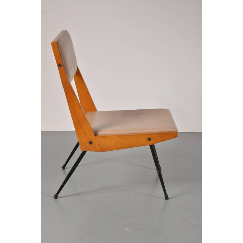 Cadeira italiana vintage em pele bege imitação e madeira de faia 1950