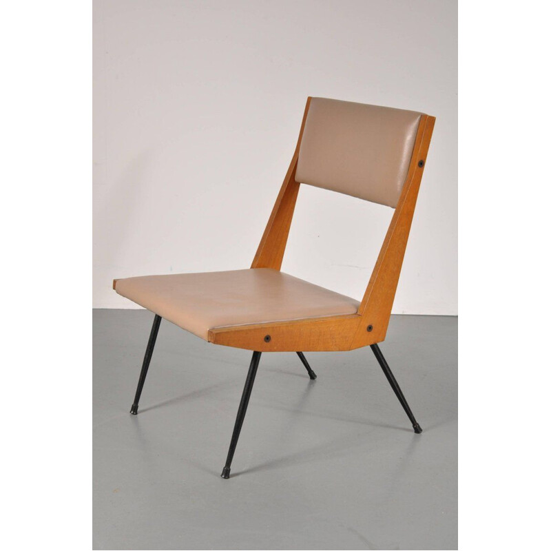 Cadeira italiana vintage em pele bege imitação e madeira de faia 1950