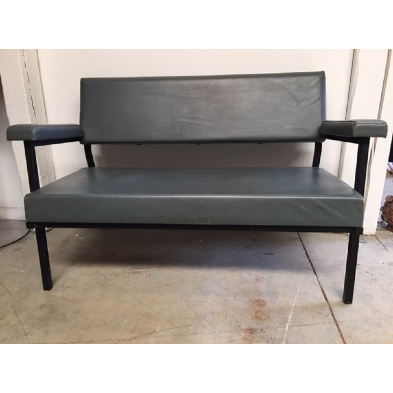 Banquette vintage française en métal et simili cuir gris 1950