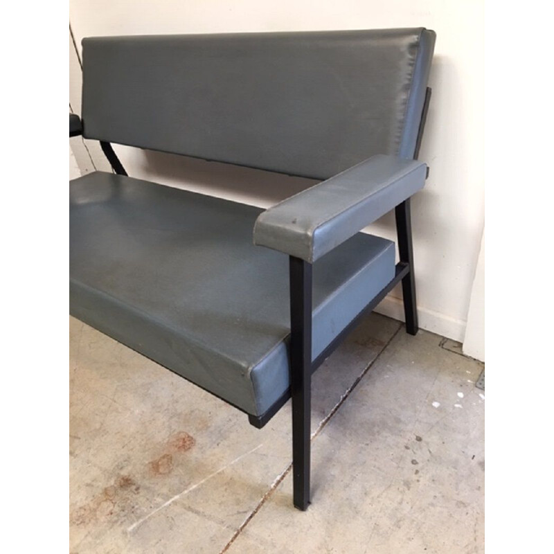 Banquette vintage française en métal et simili cuir gris 1950