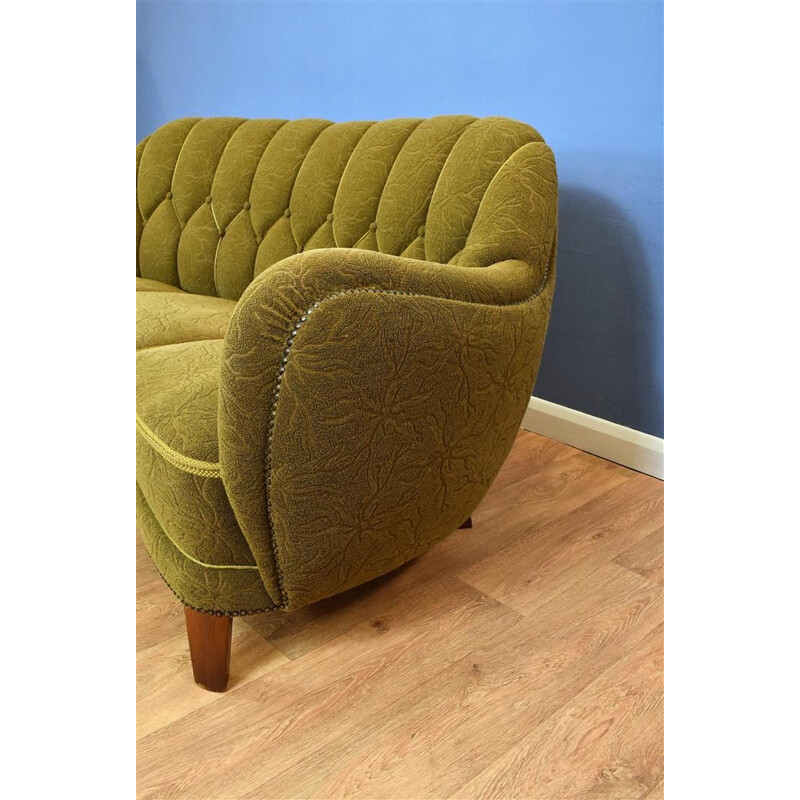 Vintage Danish green "Banana" three seater sofa 1930s 40s