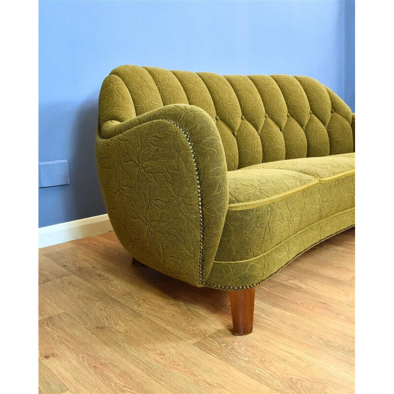 Vintage Danish green "Banana" three seater sofa 1930s 40s