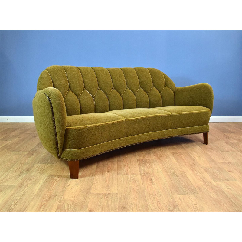 Vintage Danish green "Banana" three seater sofa 1930s 40s